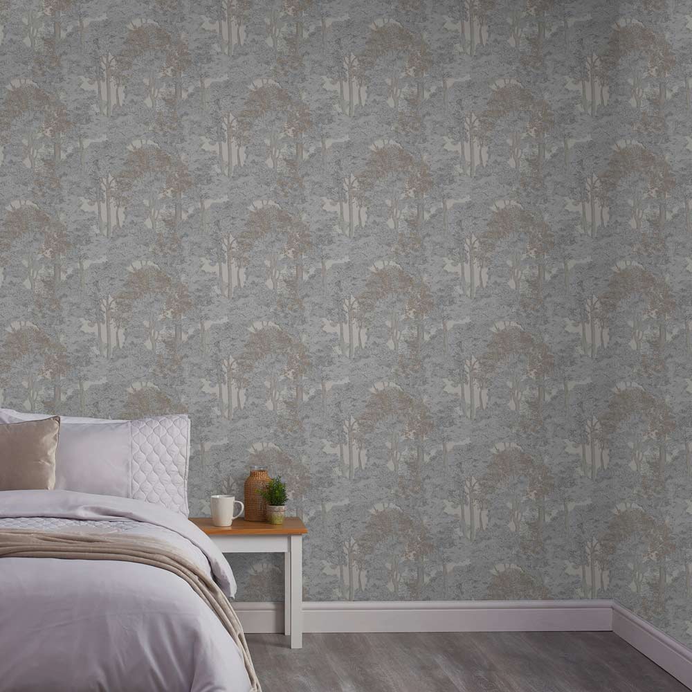 Wilko Easy Tranquil Woodland Grey Wallpaper Image 1