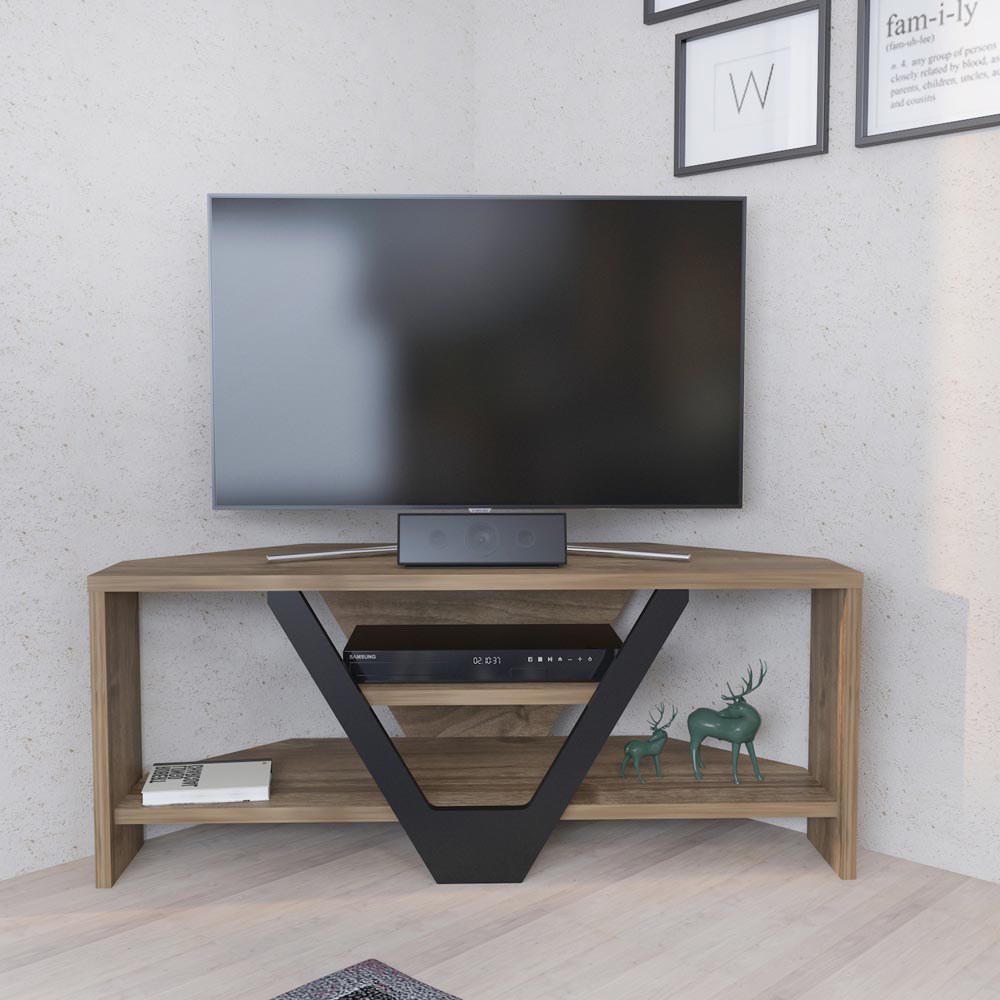 Decorotika Karin 2 Shelf Walnut and Black Modern Corner TV Unit Image 6