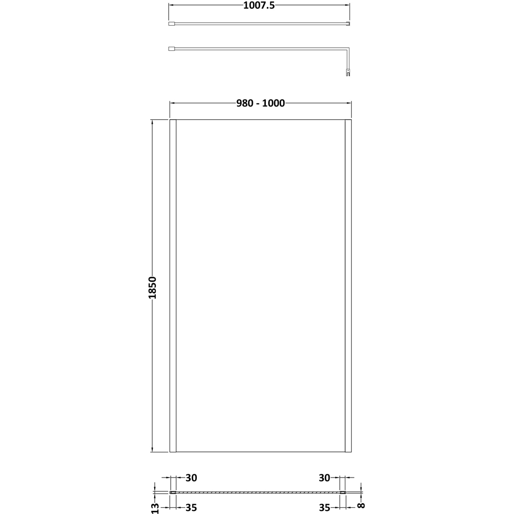 nuie Brushed Brass Outer Framed Wetroom Screen with Support Bar 1850 x 1000mm Image 3