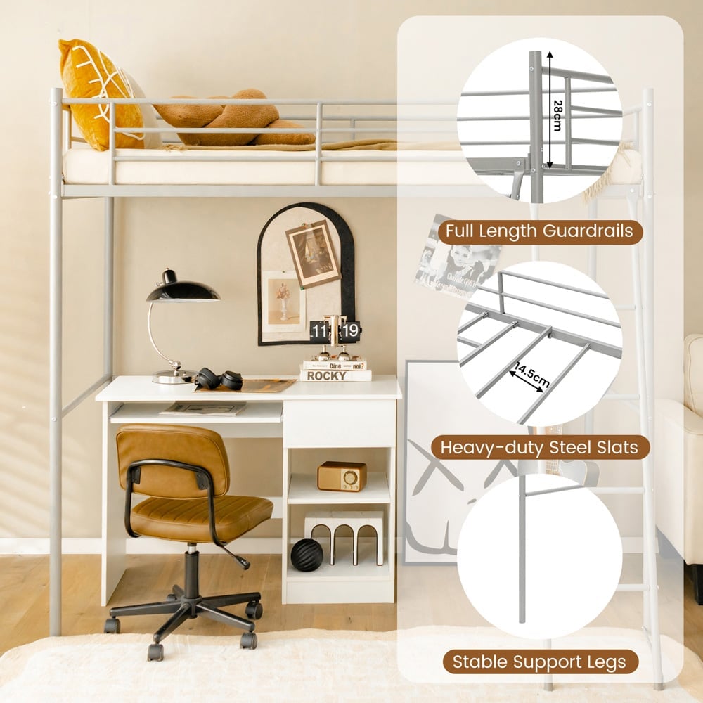 Costway Single Silver Metal High Sleeper with Ladder Image 6