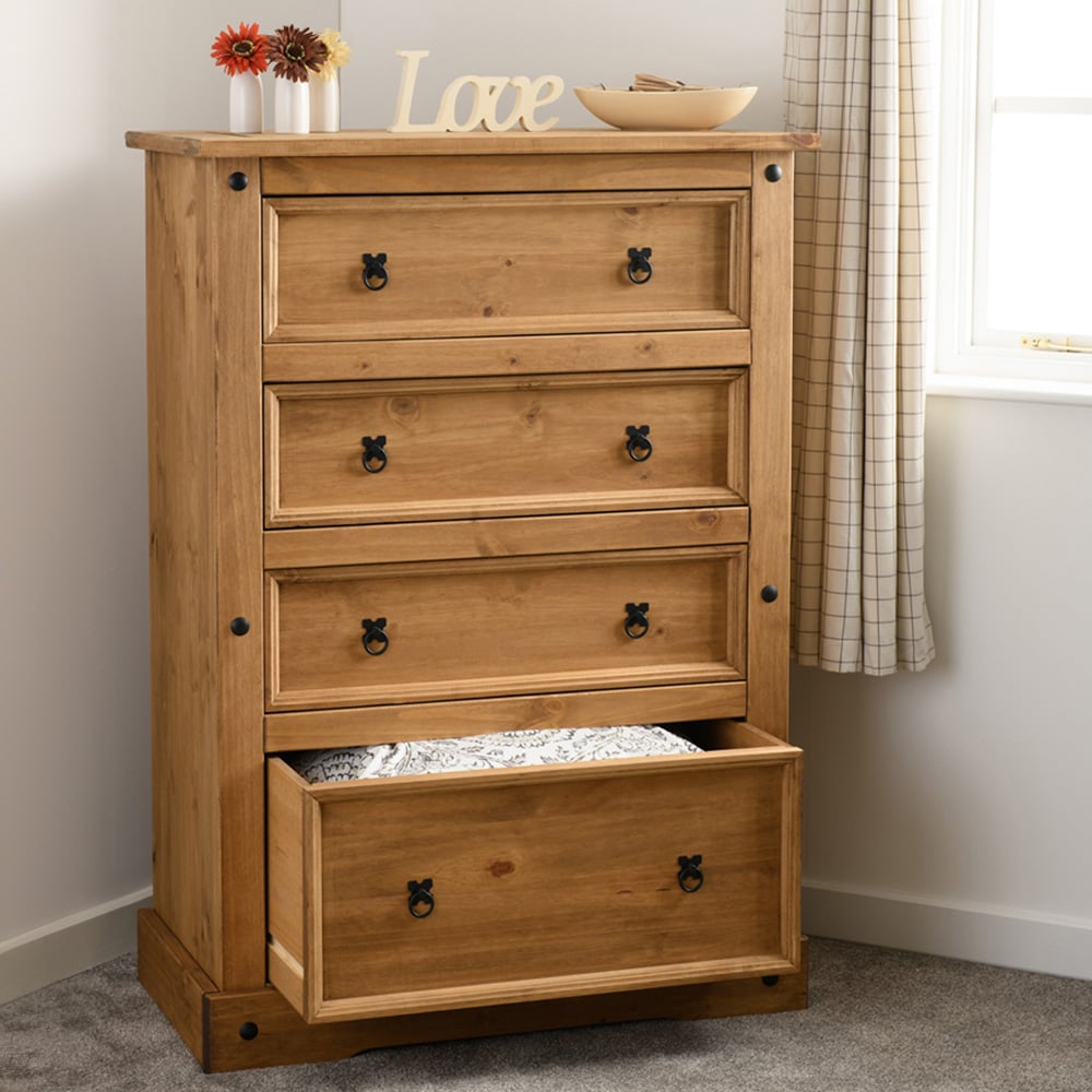 Seconique Corona 4 Drawer Distressed Waxed Pine Chest of Drawers Image 7