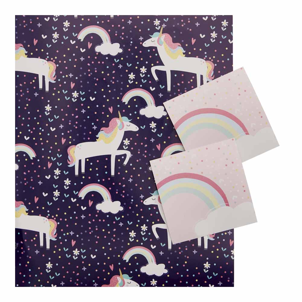 Wilko Blue Unicorn Gift Wrap with Tag 2 Pack   Image