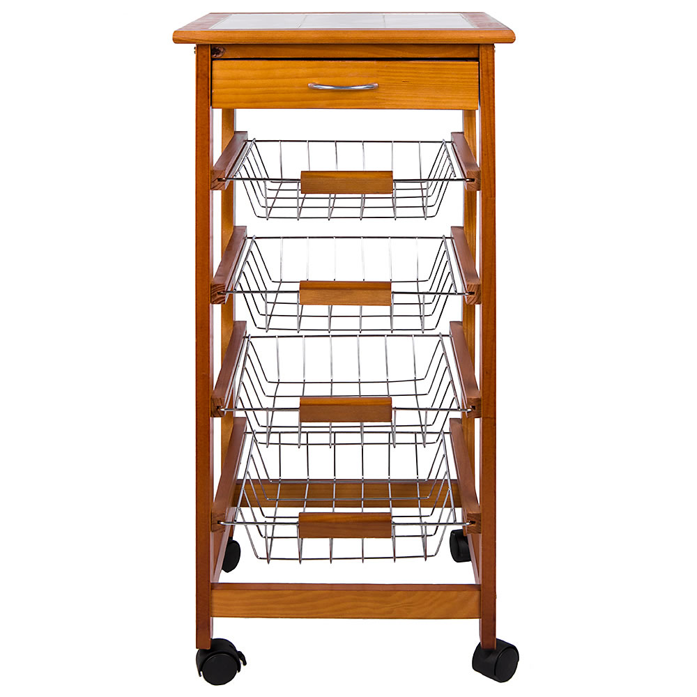 Chef Vida 4 Tier Kitchen Trolley Cart Storage Baskets Drawer Brown Pine 