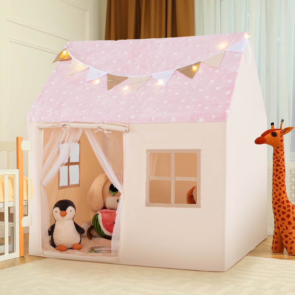Costway Kids Pink Large Play House with Glow in the Dark Stars Image 2