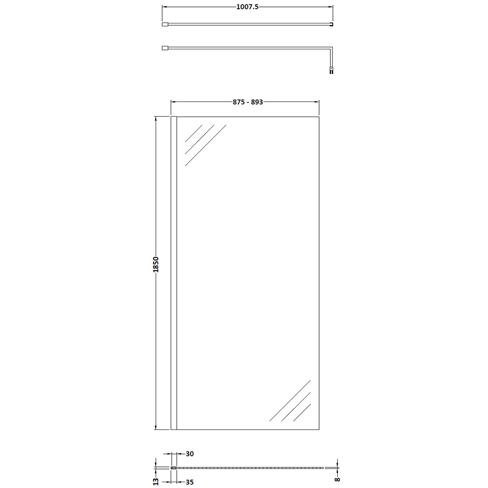 nuie Polished Chrome Wetroom Screen and Support Bar 900mm Image 2