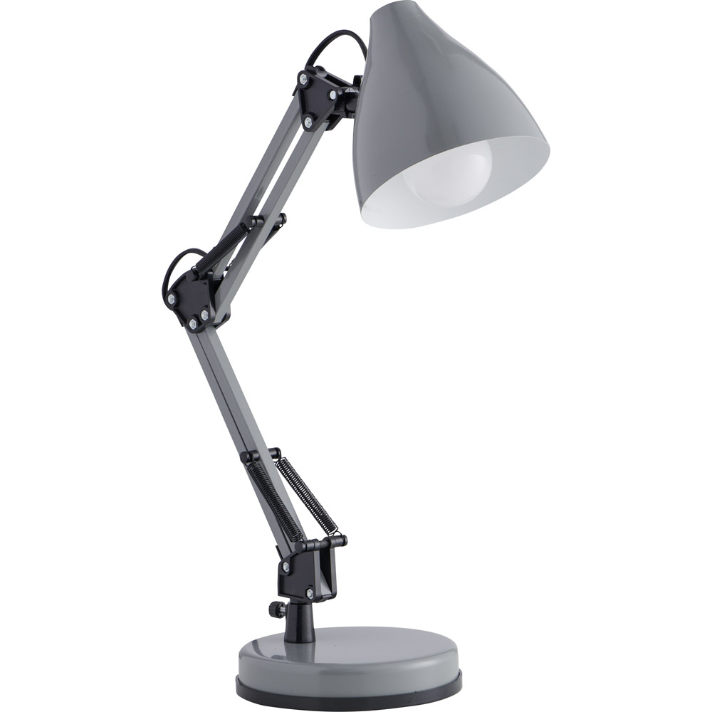 Wilko Slate Angle Task Lamp Our anglepoise task lamp is just the thing to help you see what you're doing, whether you're at your desk or your sewing bench! With the adjustable arm and head, you can easily position the light just where you need it. And the standout slate colour will complement a variety of decor styles too. It requires a screw E27/ES light bulb. Use LED bulbs only. Max LED 6W. Care and use: Suitable for indoor use only. Clean with a soft dry cloth. Wilko Slate Angle Task Lamp