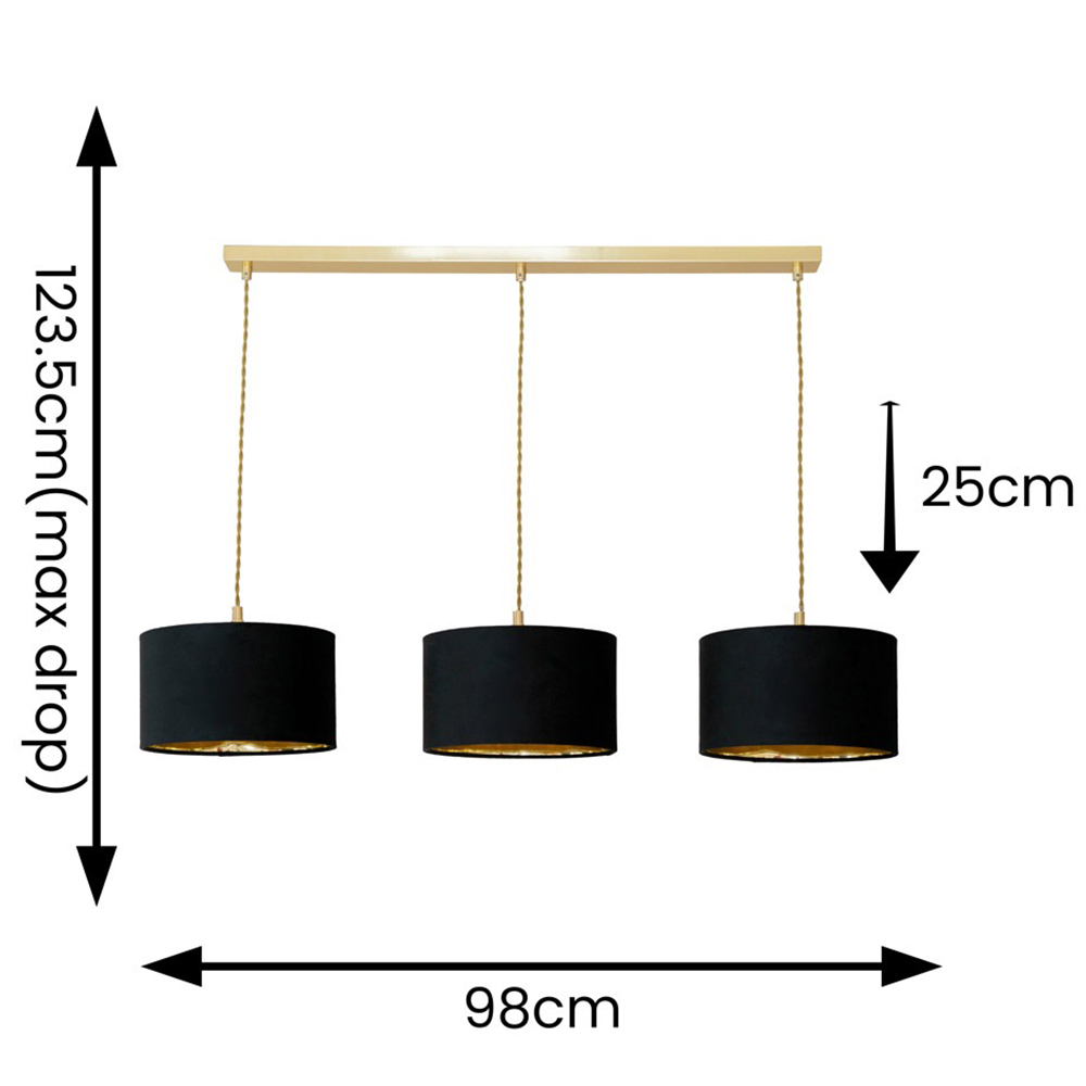 ValueLights Reni Black and Gold Drum Shade 3 Drop Bar Gold Diner LED Ceiling Lights Image 4