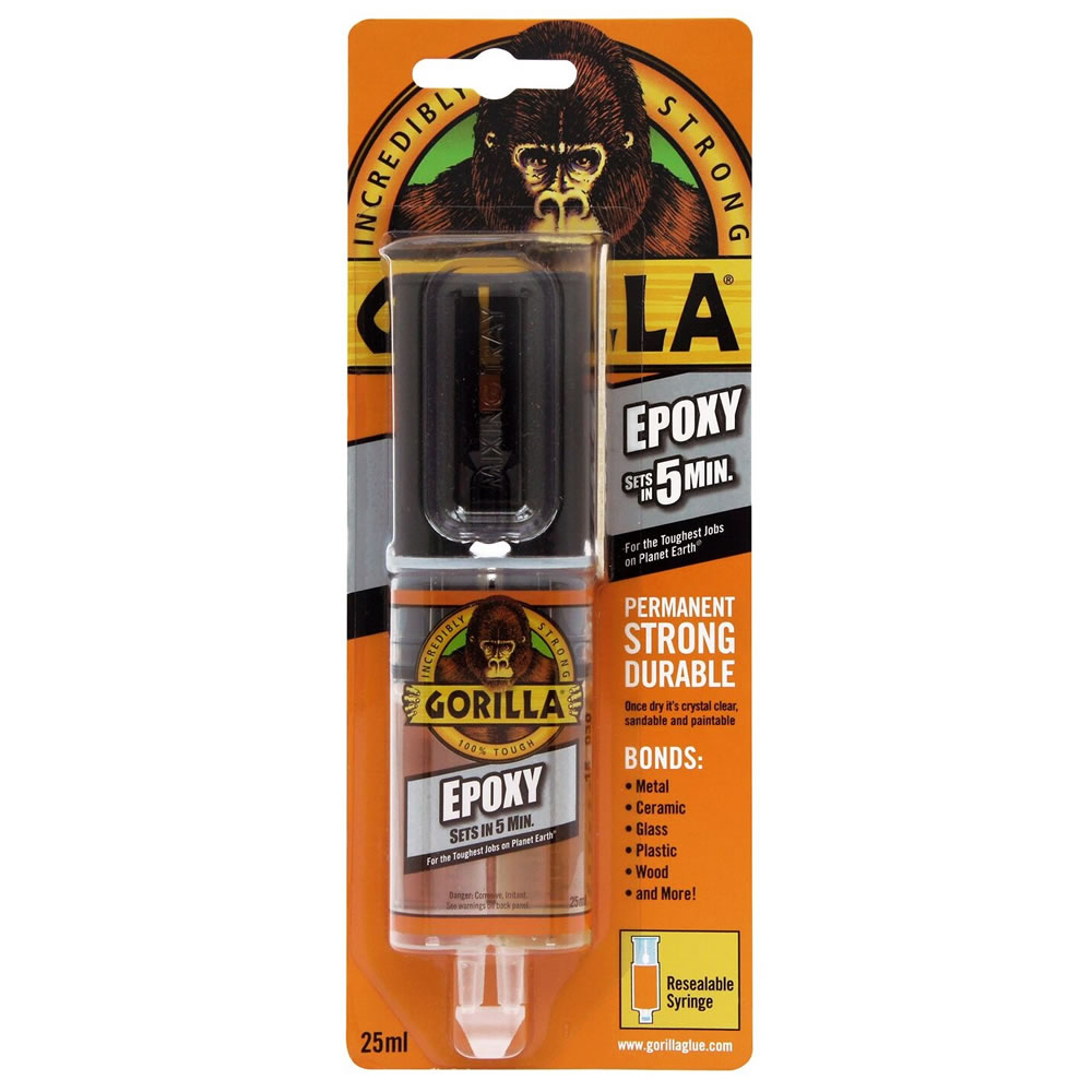 Gorilla Glue Gorilla Epoxy Glue 25ml  - wilko Gorilla Epoxy provides a strong, permanent, fast and gap-filling bond that's great for household and automotive repairs alike. The easy-to-use syringe keeps the resin and hardener separate, so it is  easy to dispense and won't harden over time. Impact resistant to handle bumps, bangs  and drops, Gorilla Epoxy is water and solvent resistant and non-toxic once cured.     The 25ml  easy-to-use, reusable syringe dispenses equal amounts of resin and hardener for easy, even dispensing. The two-part, gap-filling formula easily bonds steel, aluminium, wood,  ceramic, tile and  most plastics. Plus, it sets in just 5 minutes and dries in an ideal, crystal-clear finish  that makes projects look spotless!Warning:Corrosive and irritant. Toxic to aquatic life with  long-lasting effects. Wear protective clothing and face protection. Keep out of  reach of children and animals. Always read pack instructions.