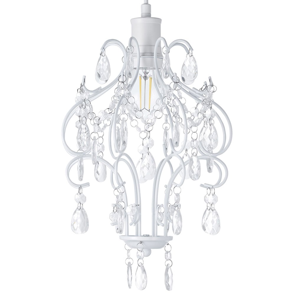 Happy Homewares Matt White Chandelier Style Pendant Shade with Clear Acrylic Droplets Image 1