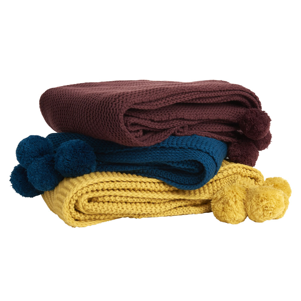Wilko Mustard Chunky Knit Throw Pom Pom 150 x 180cm Wilko