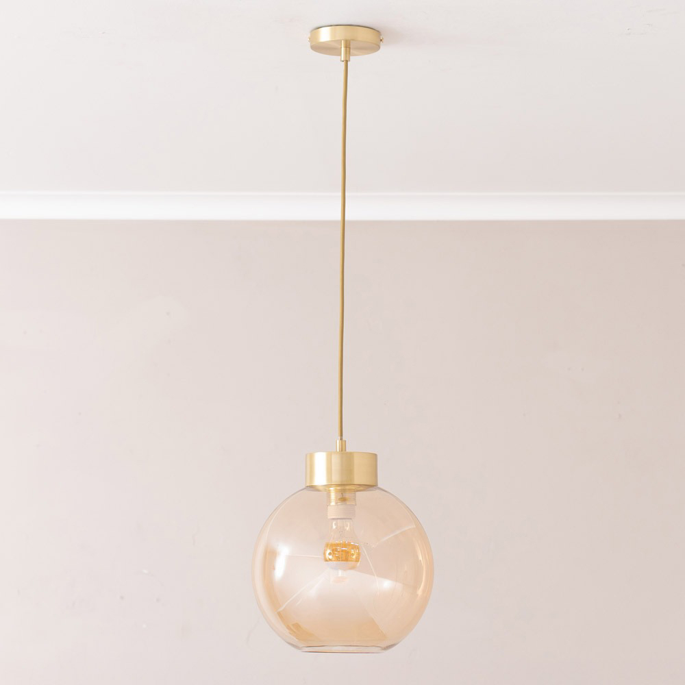 ValueLights Bellamy Amber Glass Globe Brushed Gold Cap LED Ceiling Pendant Light Image 3