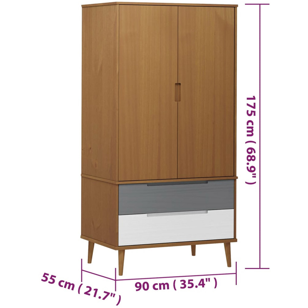 vidaXL Molde 2 Door 2 Drawer Brown Solid Wood Pine Wardrobe Image 9