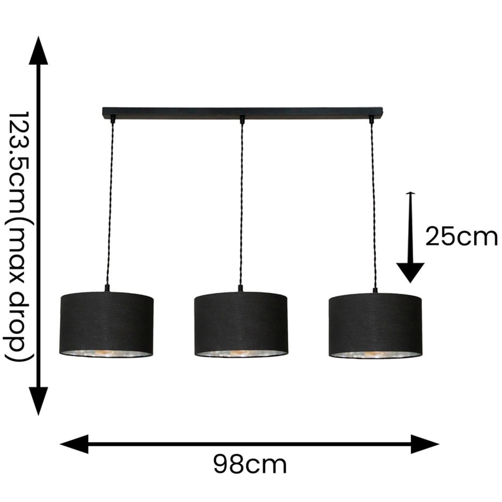 ValueLights Reni Black and Chrome Drum Shade 3 Drop Bar Black Diner LED Ceiling Light Image 4