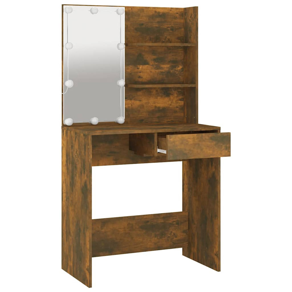 vidaXL Single Drawer 2 Shelf Brown Oak Dressing Table with LED Mirror Image 4
