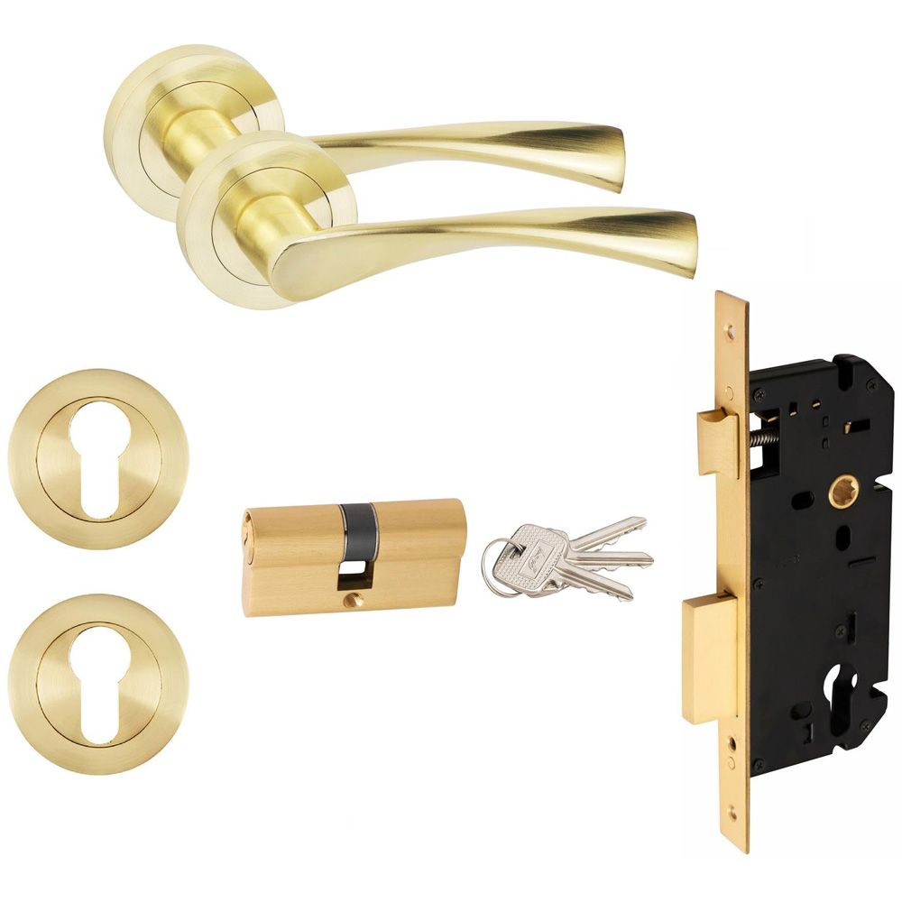 Golden Grace Satin Brass Astrid Door Handle Set with Euro Key Lock Set 70mm Image 1