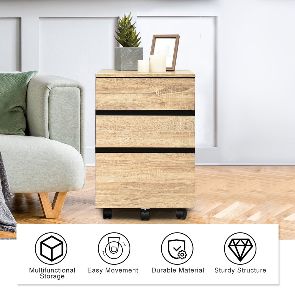 Costway 3 Drawer Natural and Black Vertical Mobile Filing Cabinet Image 9