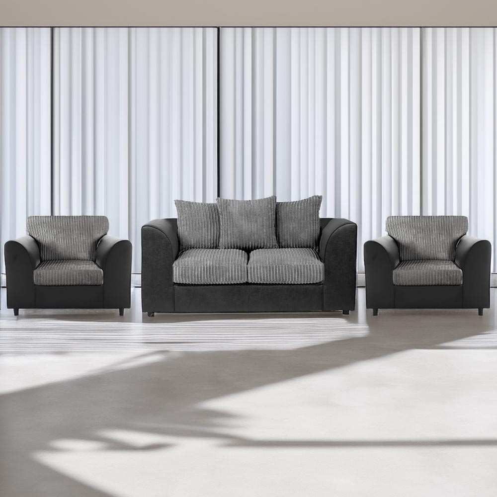 Luxor 4 Seater Black and Grey Jumbo Cord Scatter Back Sofa Suite Image 1