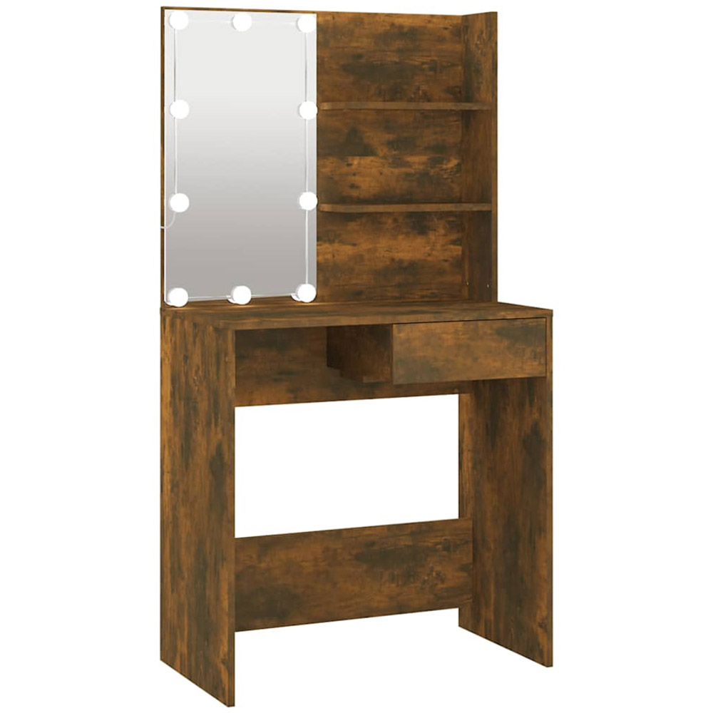 vidaXL Single Drawer 2 Shelf Smoked Oak Dressing Table with LED Mirror Image 2