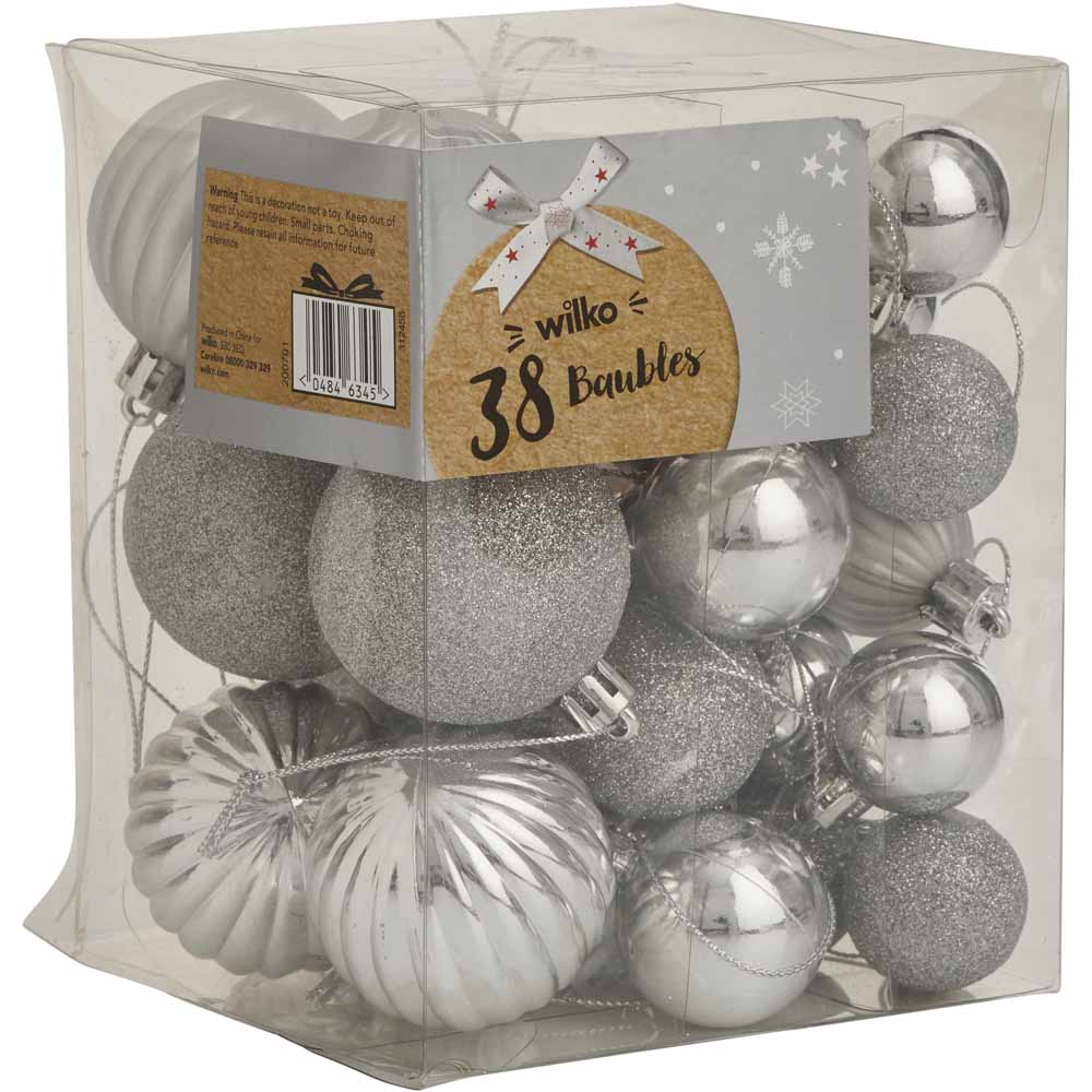 Wilko Magical Assorted Silver Mini Christmas Baubles 38 Pack Image 1
