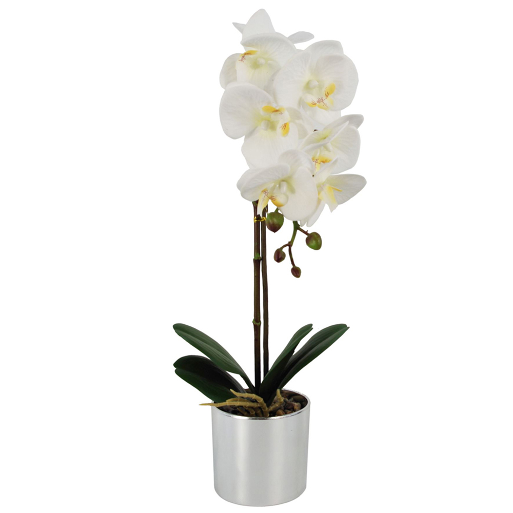 Leaf White Orchid Artificial Plant in Silver Pot 46cm Image 1