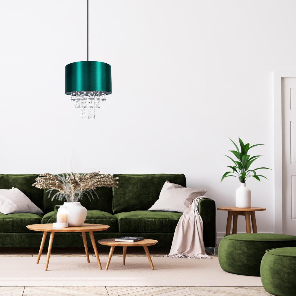 Happy Homewares Forest Green Satin Fabric Pendant Shade with Transparent Acrylic Droplets Image 2
