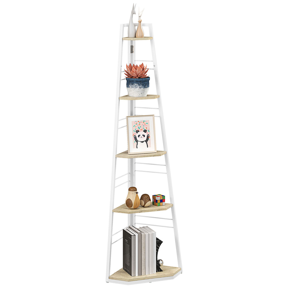 HOMCOM 5 Shelf Natural Wood Corner Adjustable Shelving Unit Image 2
