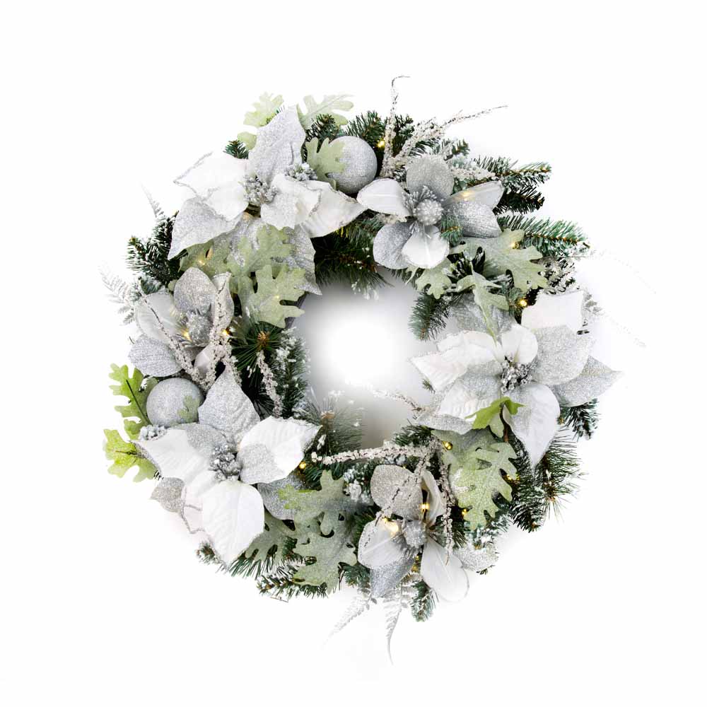 Premier 60cm PreLit Wreath with White Poinsettia Wilko