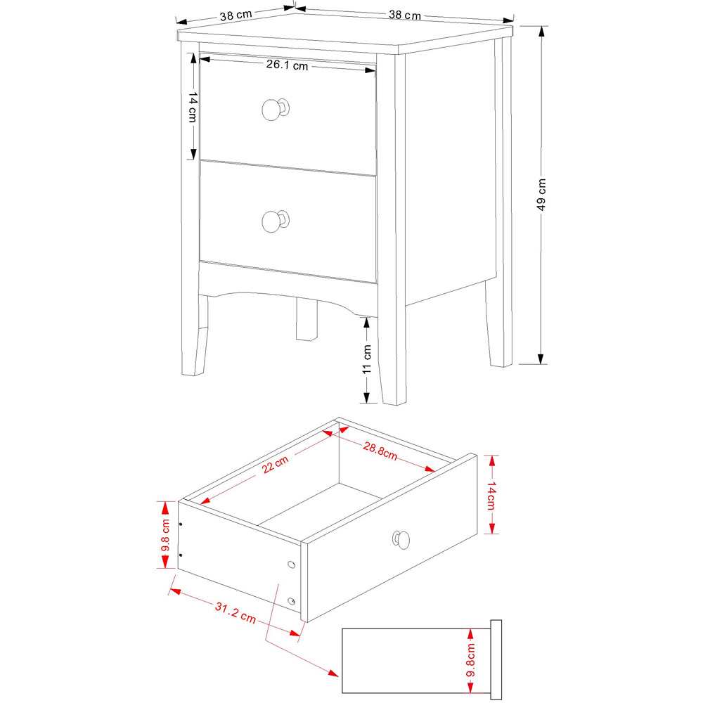 Como 2 Drawer White Petite Bedside Table Image 6
