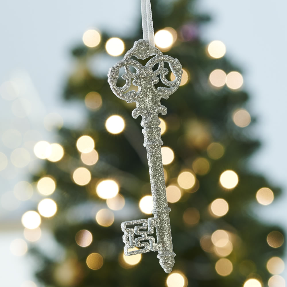 Wilko Winter Wonder Silver Glitter Key Christmas Tree Decoration Image 2