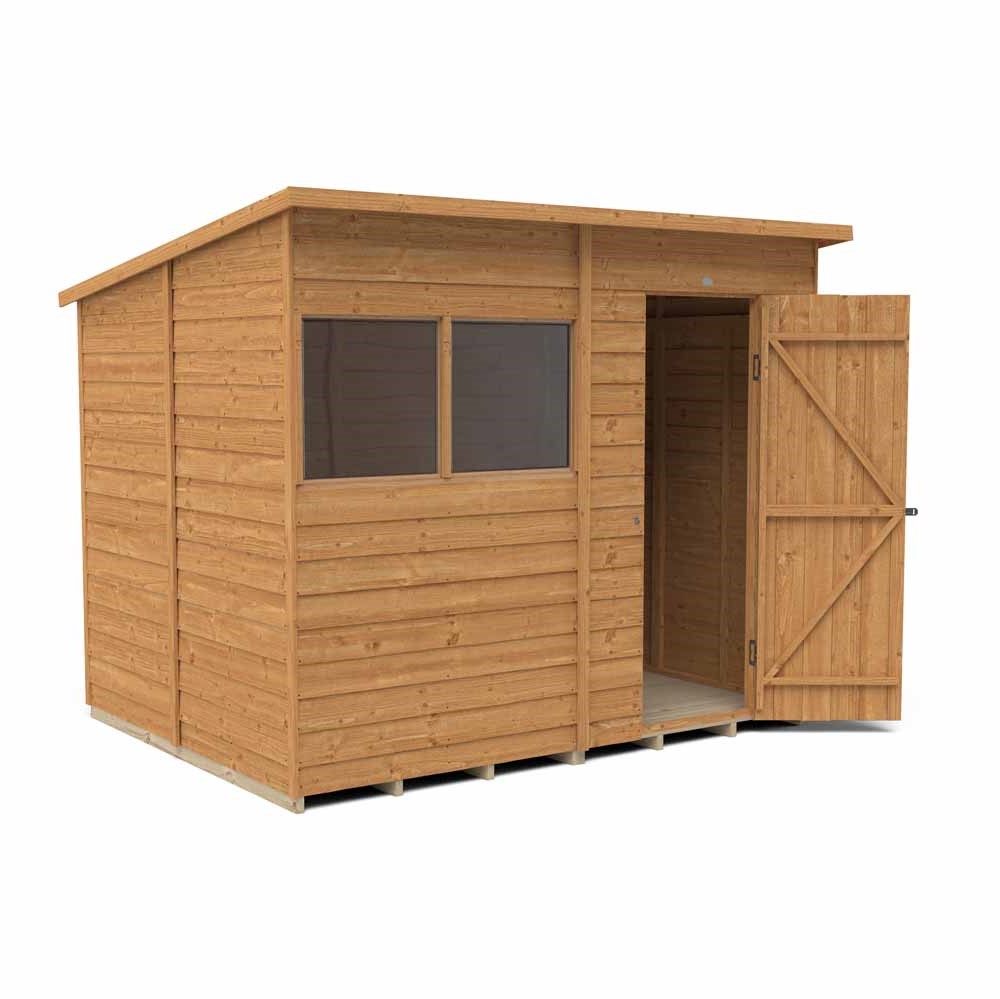 Forest Garden 8 x 6ft Overlap Dip Treated Pent Garden Shed  - wilko The Overlap Dip Treated 8x6 Pent Shed from Forest is ideal for general storage. Its pent roof gives increased headroom at the front of the shed, with 2 fixed windows to allow extra light in it is also ideal as a potting shed. The shed's improved design features smaller sections, making it easier to handle and easy to assemble. With more timber and increased framing these are the best overlap sheds we've ever made. This garden shed has been designed with strength and security in mind, with increased framing and a strong braced double “Z” framed door. The door has secure hidden hinges and is fitted with a hasp and staple latch which can be locked with a padlock (not included). It can be hinged either side. The two fixed windows are made from shatterproof PET glazing, which will not become yellow or brittle over time. The shed is flexible and allows you to choose if the door goes to the left or the right. The straight cut boards have an overlap construction which allows natural movement of the timber so it can adapt to changing weather conditions and ensure rain water run-off. The roof is made from hard wearing sheet material and is finished with black sand felt. Rather than the more common OSB, this shed features a Pressure Treated solid timber floor. Its superior strength allows for the storage of heavier items like lawnmowers, bags of compost or a potting bench. The timber is Dip Treated, giving this 8x6 garden building a 10 year guarantee against rot, annual retreatment is required. These great value garden sheds are manufactured in the UK using FSC certified timber and come with all fixtures, fittings and felt needed to build, along with easy to follow instructions.
