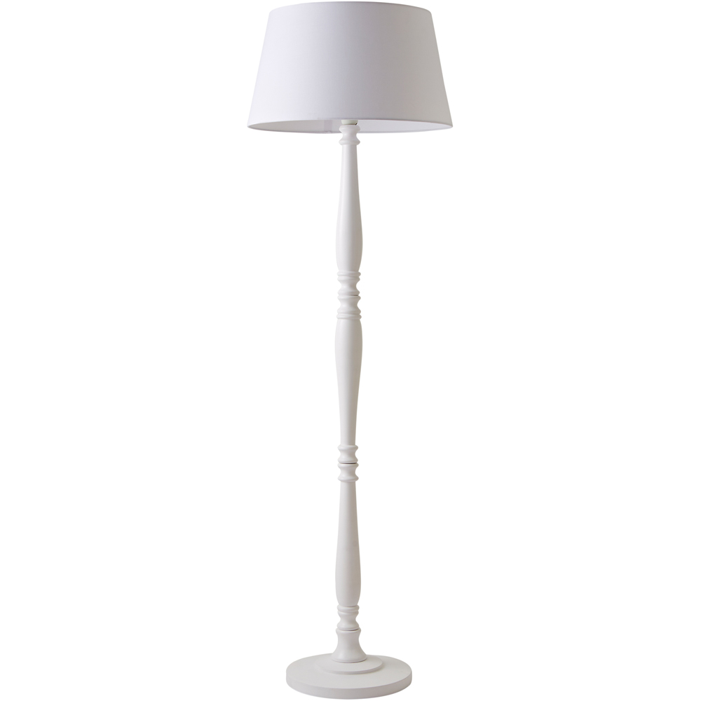 ValueLights Victoria White Fabric Tapered Shade Light Wood Traditional Stem LED Floor Lamp Image 1
