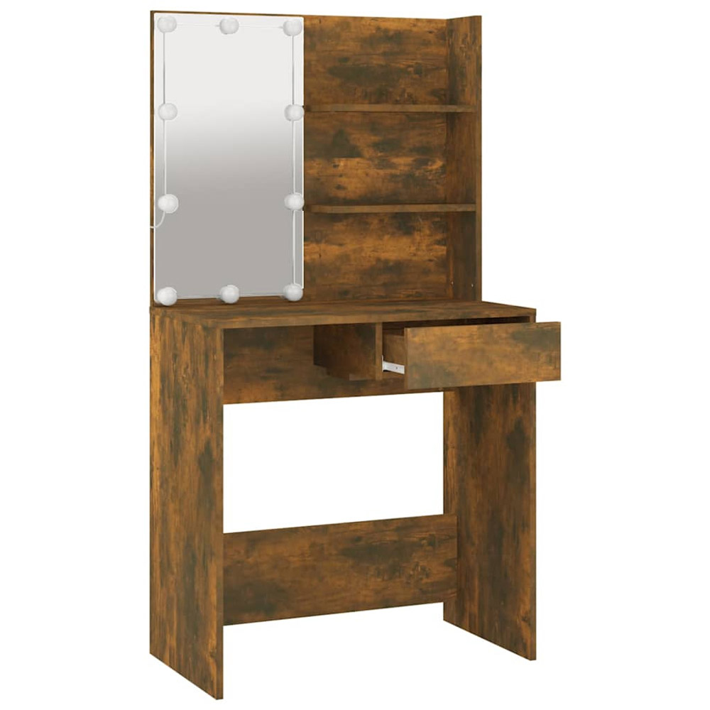 vidaXL Single Drawer 2 Shelf Smoked Oak Dressing Table with LED Mirror Image 4