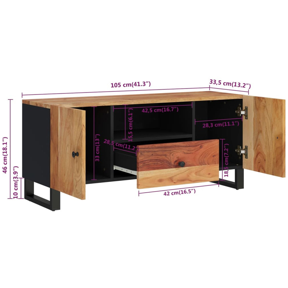 vidaXL 2 Door Single Drawer Brown Solid Wood Acacia TV Cabinet with Metal Stand Image 9