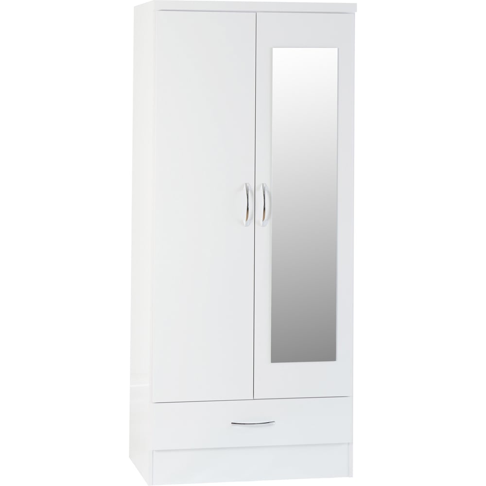 Seconique Nevada 2 Door Single Drawer White Gloss Mirror Wardrobe Image 2