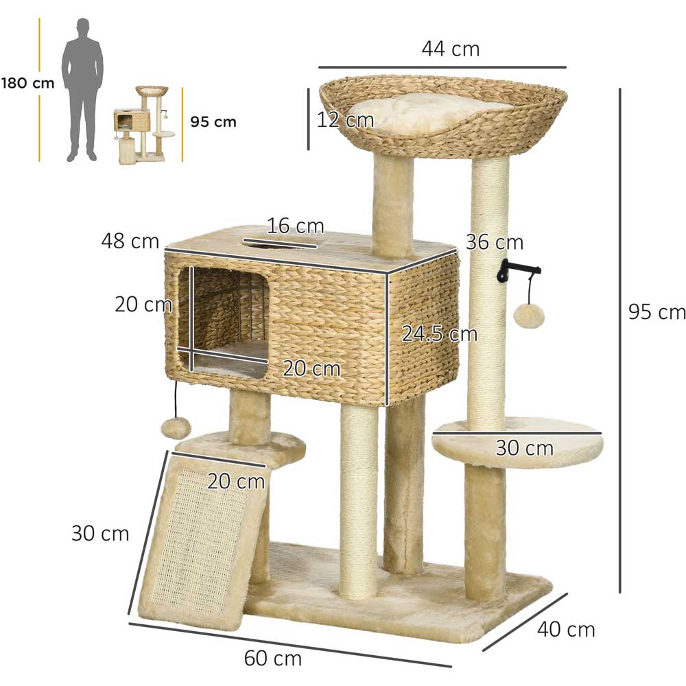 PawHut 95cm Cat Tree Tower w/ Scratching Post, Cat House, Ball, Platform - Beige Image 9