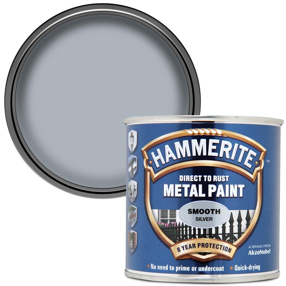 Hammerite Direct to Rust Silver Smooth Metal Paint 250ml  - wilko Hammerite Direct to Rust Metal Paint is specially formulated to perform as a primer, undercoat and topcoat. Should be applied directly to  rust and will  stop it from recurring. Solvent based paint. WARNING FLAMMABLE. Harmful to aquatic organisms. Keep out of reach children.  Always read  instructions.  Coverage up to 1.25 square metre. Hammerite Direct to Rust Silver Smooth Metal Paint 250ml