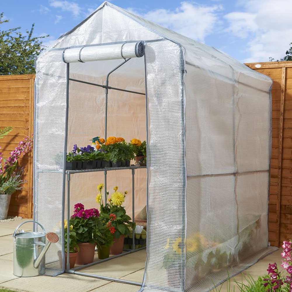 Wilko Walk in PE Greenhouse with Cover and Shelf Stage Image 5