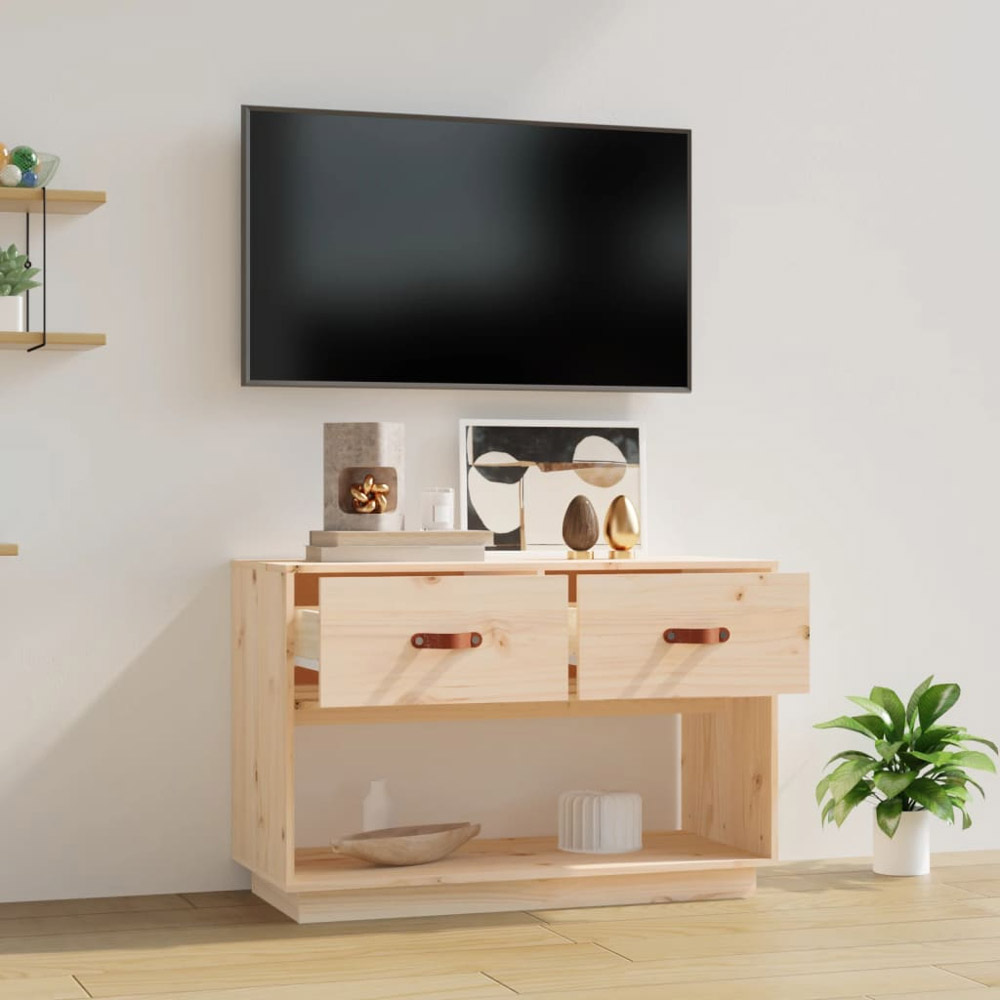 vidaXL 2 Drawer Single Open Shelf Natural Solid Wood Pine TV Cabinet Image 3