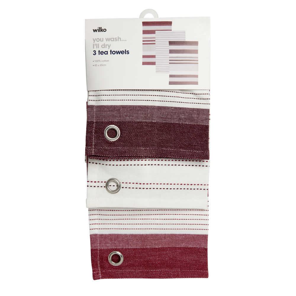 Wilko Red and Cream Tea Towels 3 pack Image