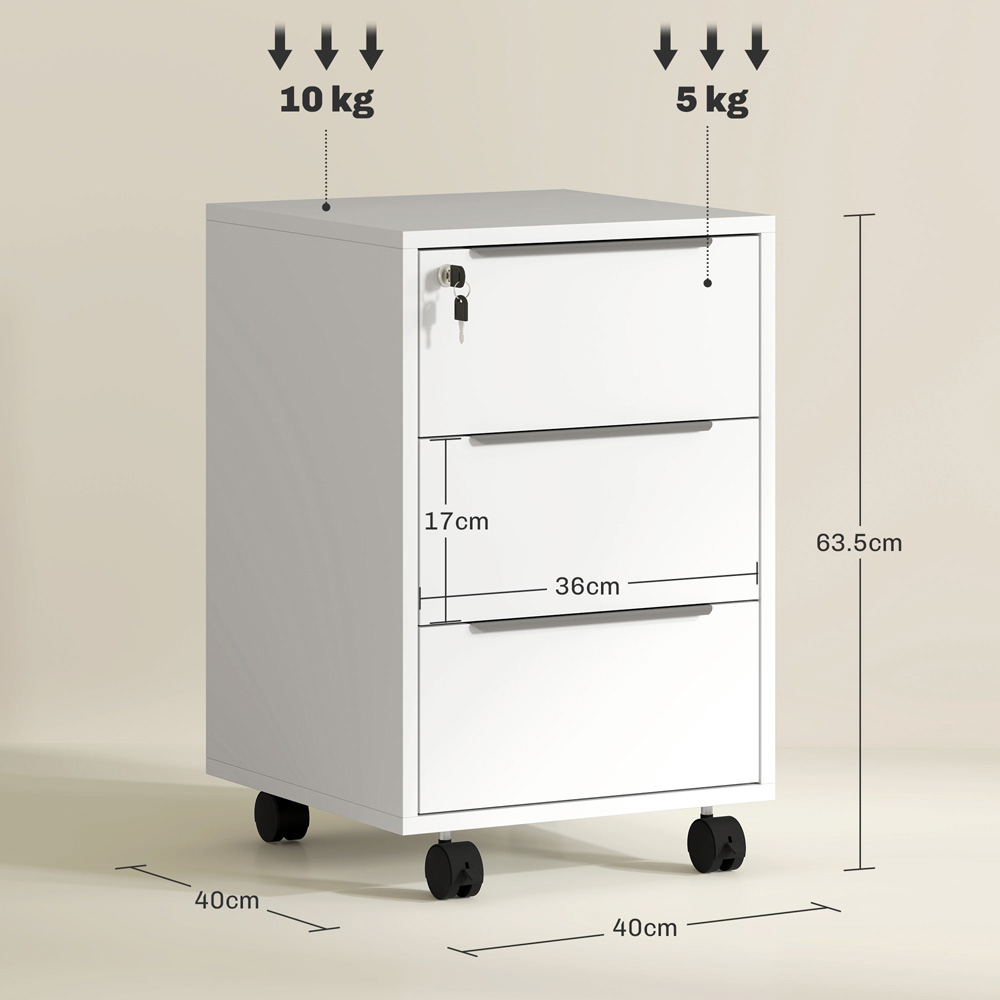 HOMCOM 3 Drawer White Lockable Mobile Filing Cabinet Image 9