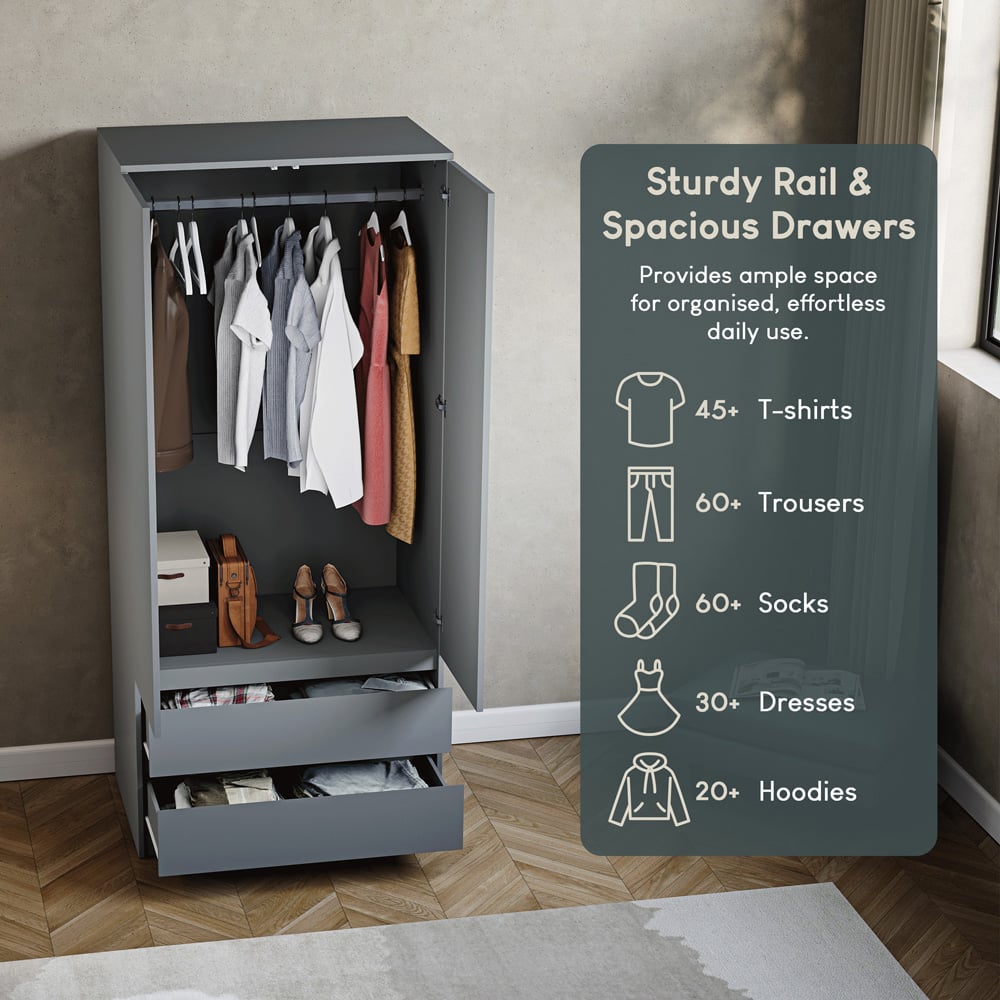 VIDA DESIGNS Denver 2 Door 2 Drawer Grey Wardrobe Image 5