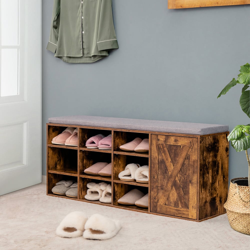 Costway 9 Cube Rustic Brown Shoe Storage Bench with Padded Cushion Image 5