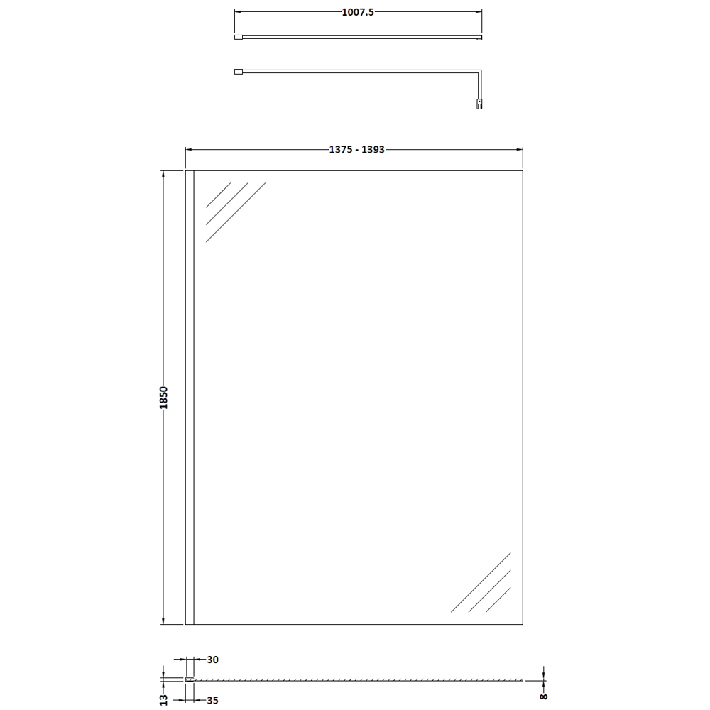 nuie Brushed Brass Wetroom Screen with Support Bar 1850 x 1400mm Image 2