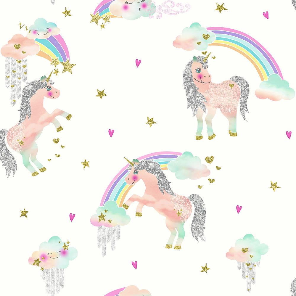 Arthouse Rainbow Unicorn White Kids' Wallpaper Image 1