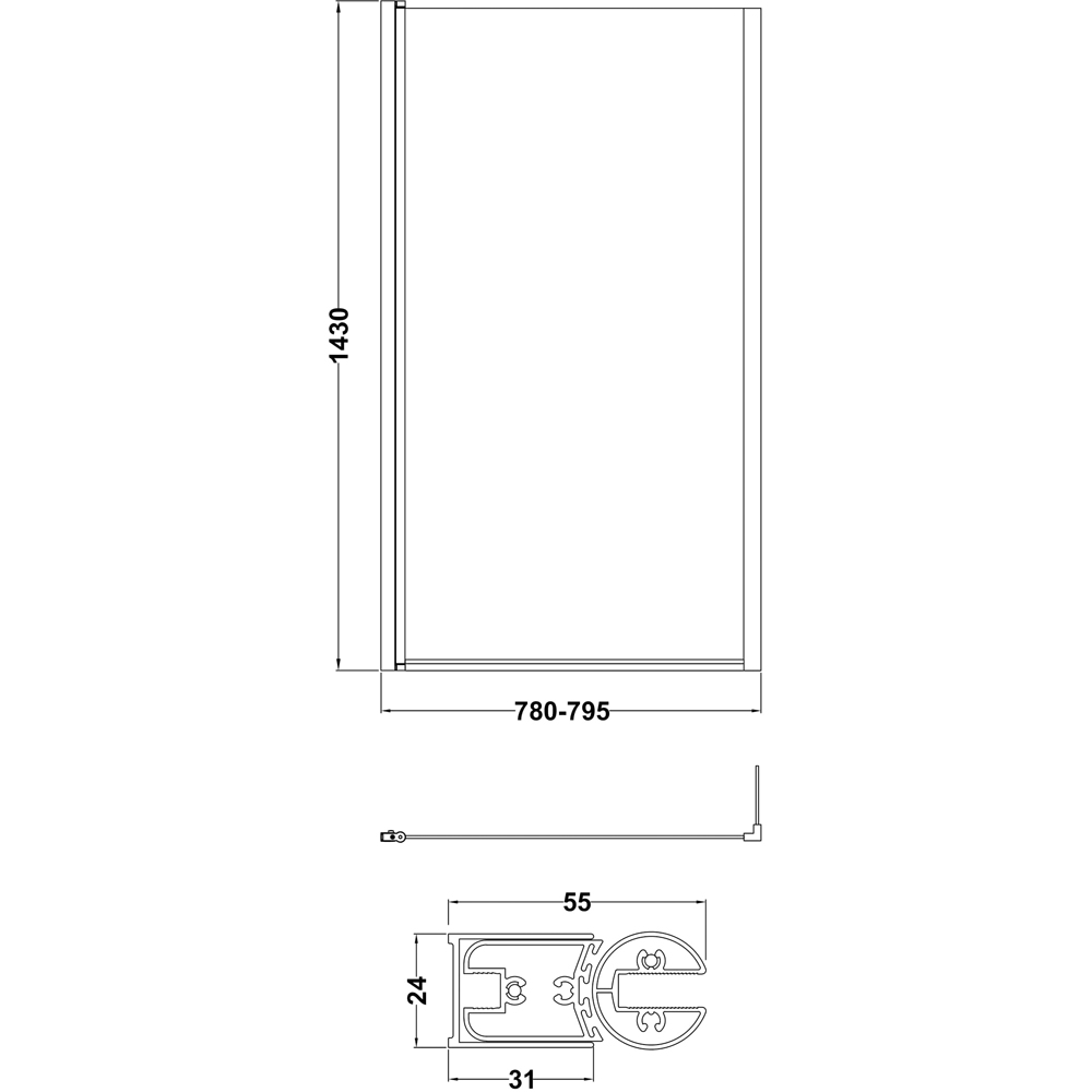 nuie Matt Black Square Bath Screen with Fixed Return 808mm Image 4