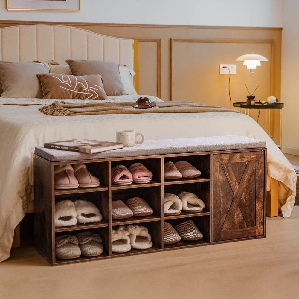 Costway 9 Cube Rustic Brown Shoe Storage Bench with Padded Cushion Image 4