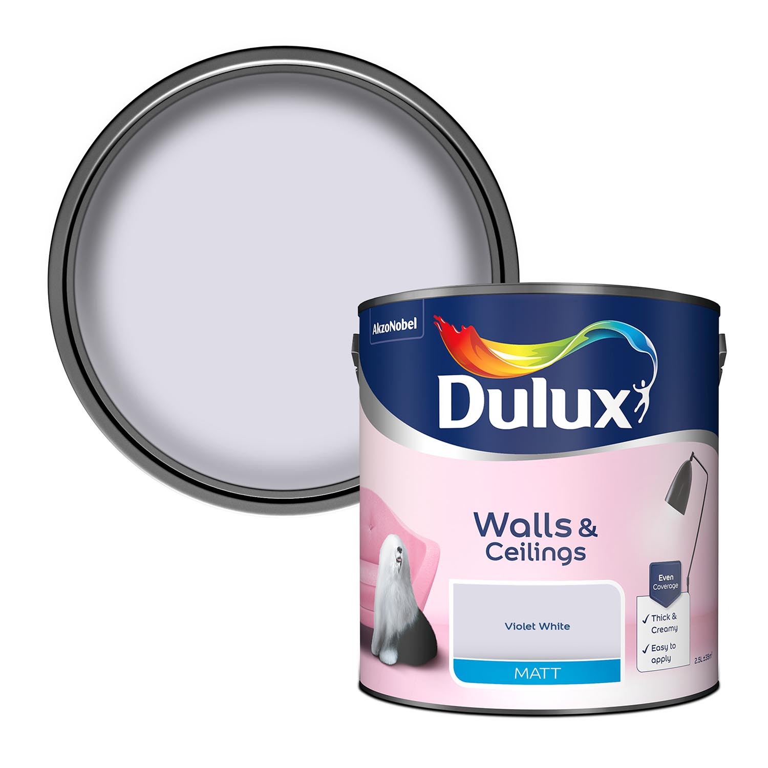 Dulux Walls & Ceilings Violet White Matt Emulsion Paint 2.5L Image 1