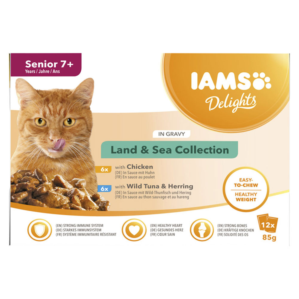 IAMS Delights Senior Land and Sea Collection in Gravy Cat Food 12 x 85g Image 1