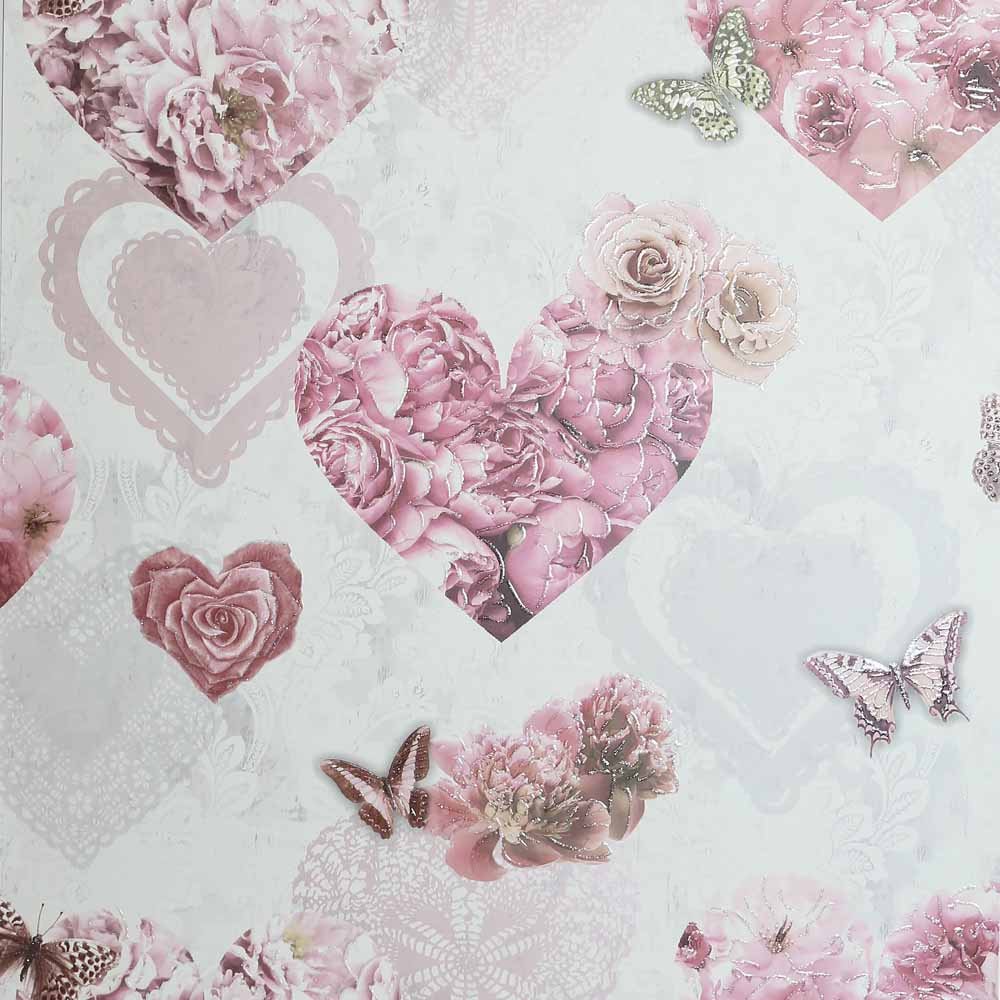Arthouse Floral Hearts Glitter Wallpaper Pink and White Image 1