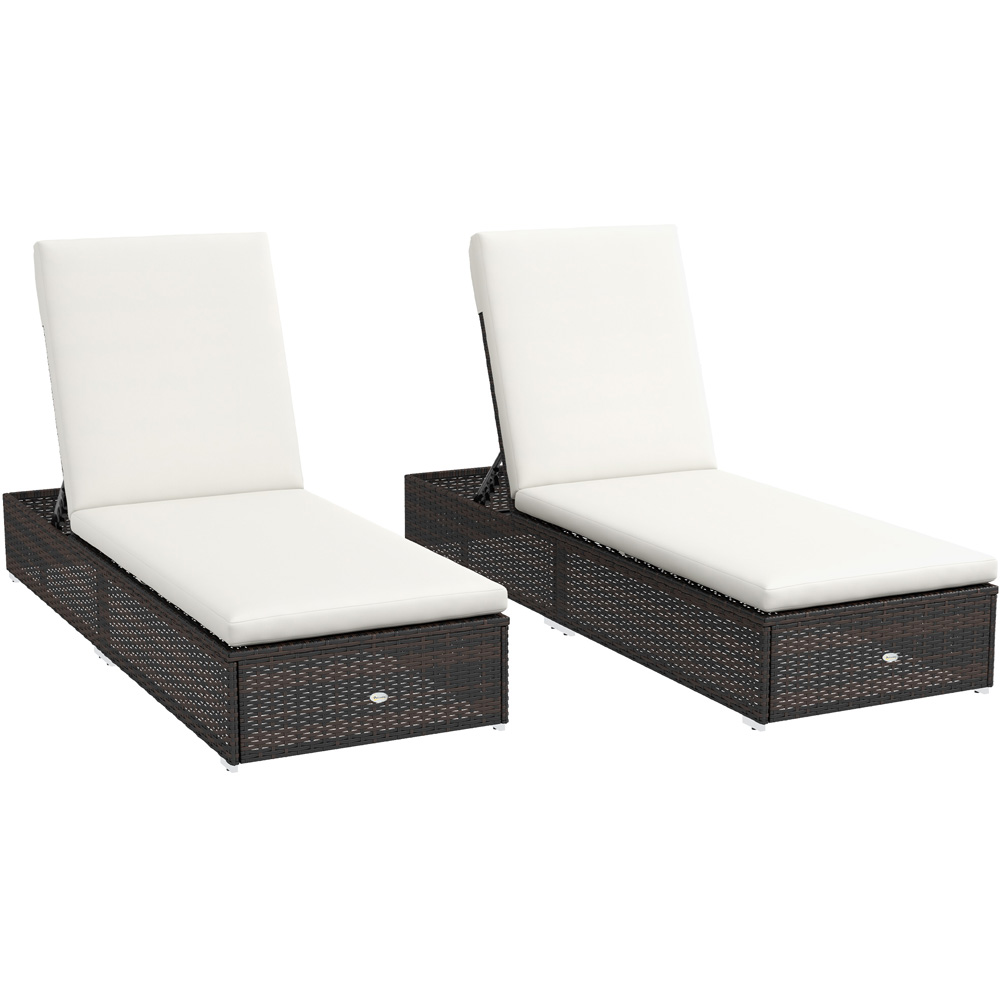 Outsunny Set of 2 Brown and Cream Rattan Reclining Sun Lounger Image 2